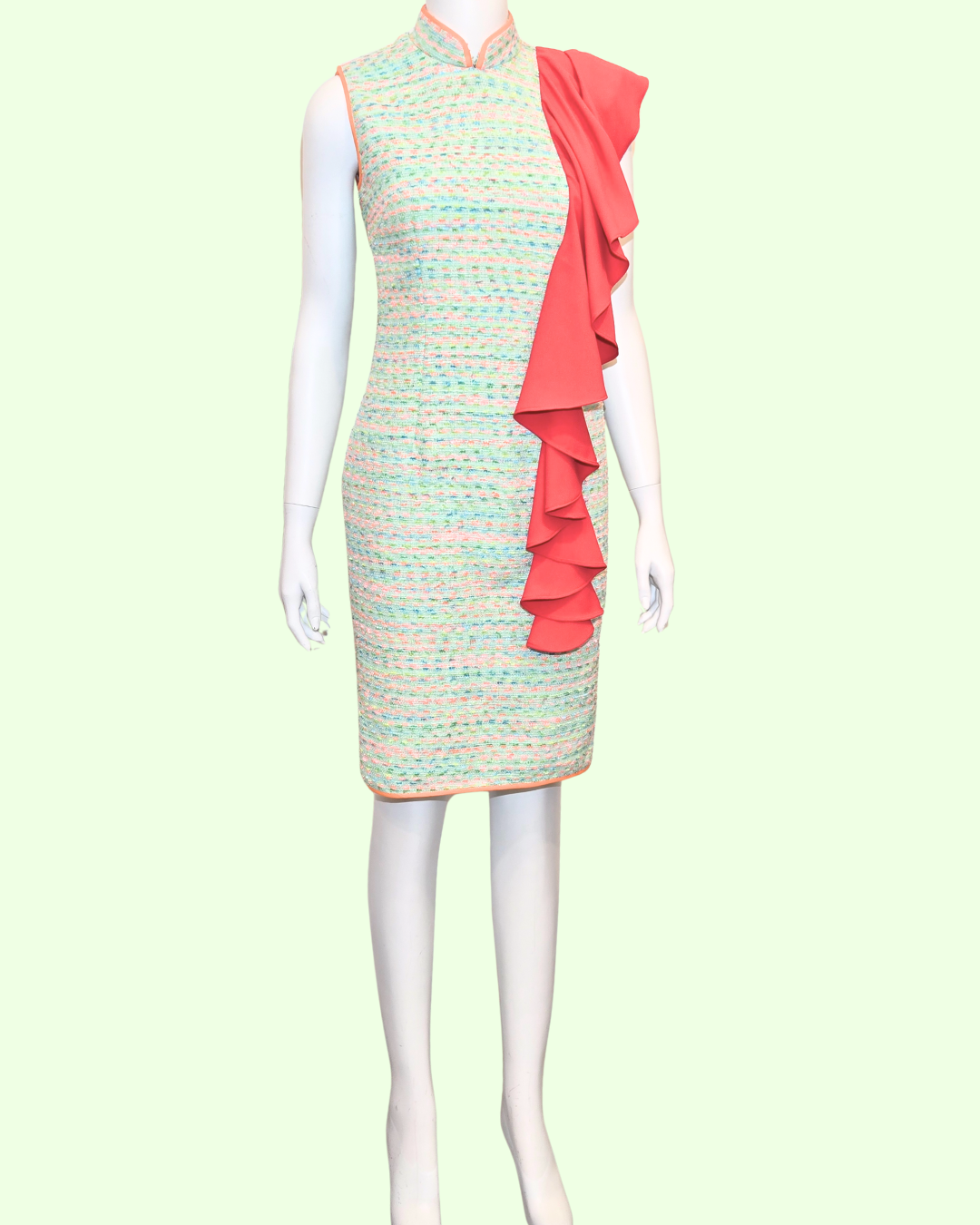Baby Green Tweed w/ Red Shoulder Flounce Cheongsam