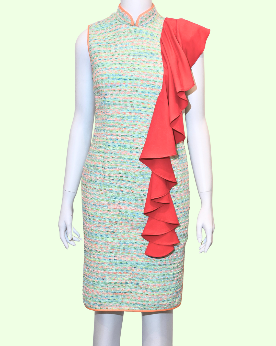 Baby Green Tweed w/ Red Shoulder Flounce Cheongsam