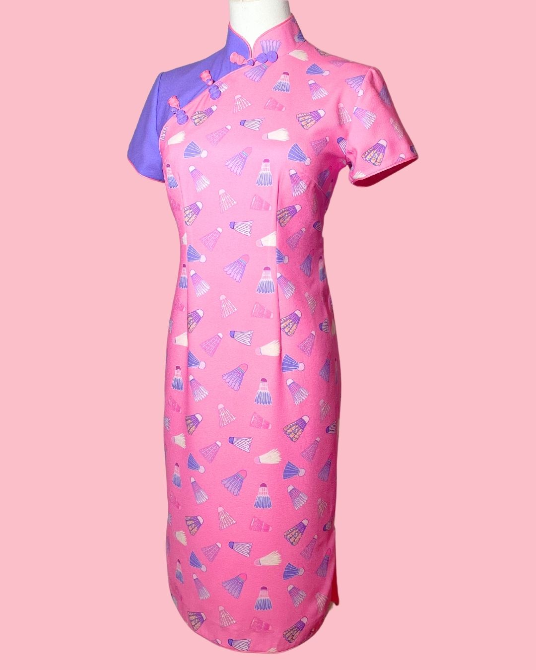 Pink Badminton with Purple Sleeve Panel Cheongsam