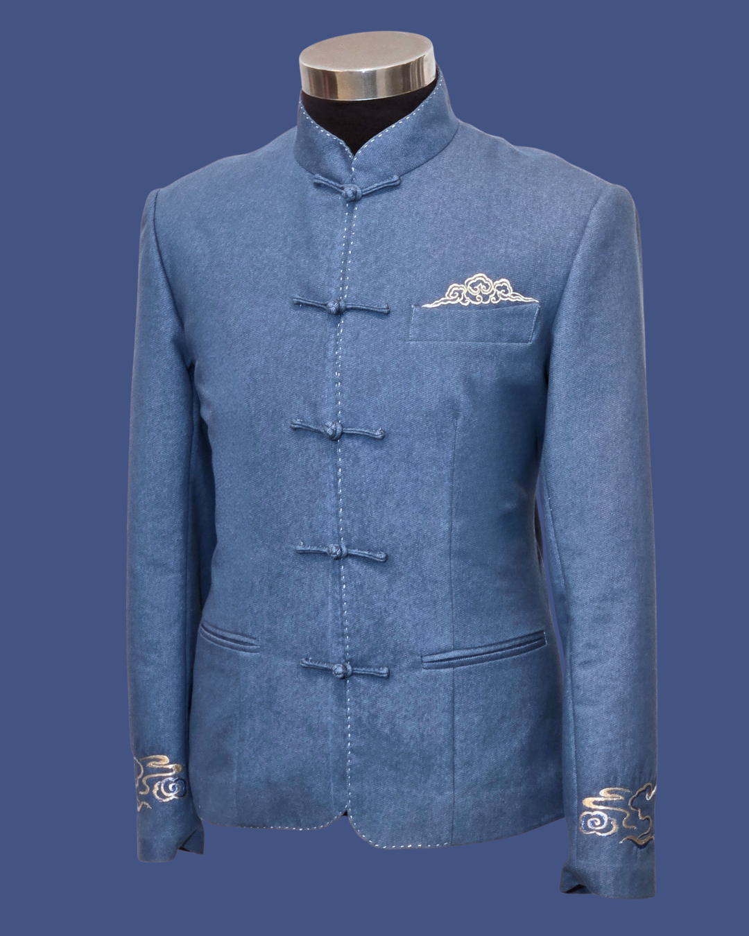 Navy Blue Denim w/ Golden Cloud Embroidery Men's Tang Jacket