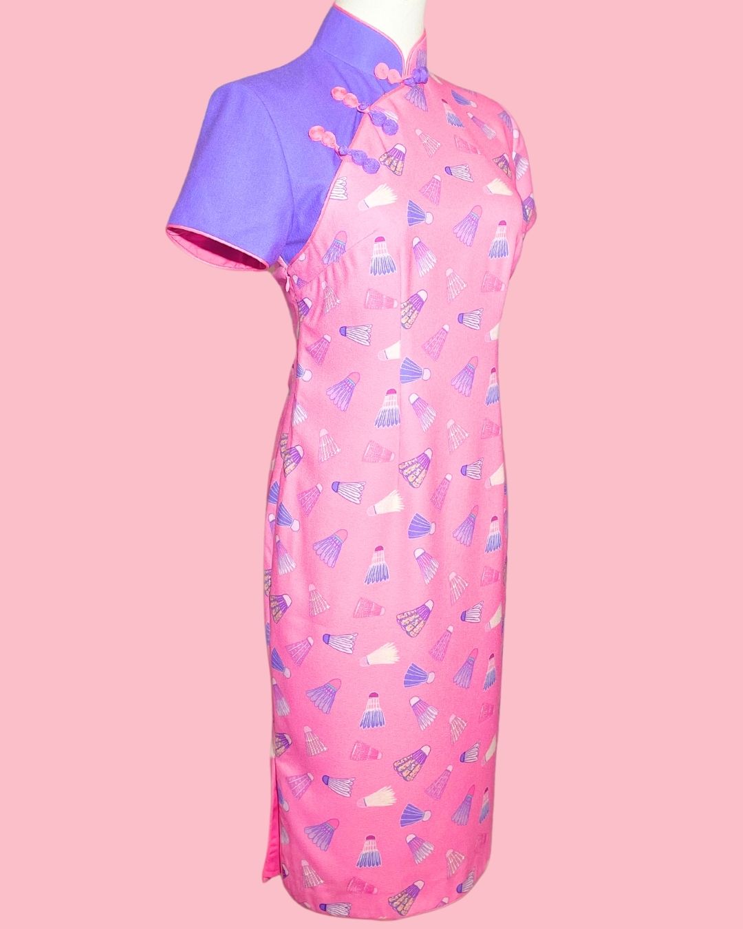Pink Badminton with Purple Sleeve Panel Cheongsam
