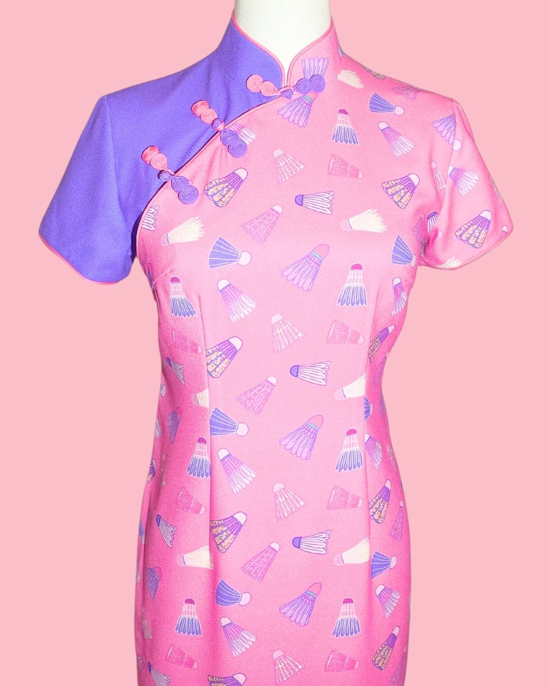 Pink Badminton with Purple Sleeve Panel Cheongsam