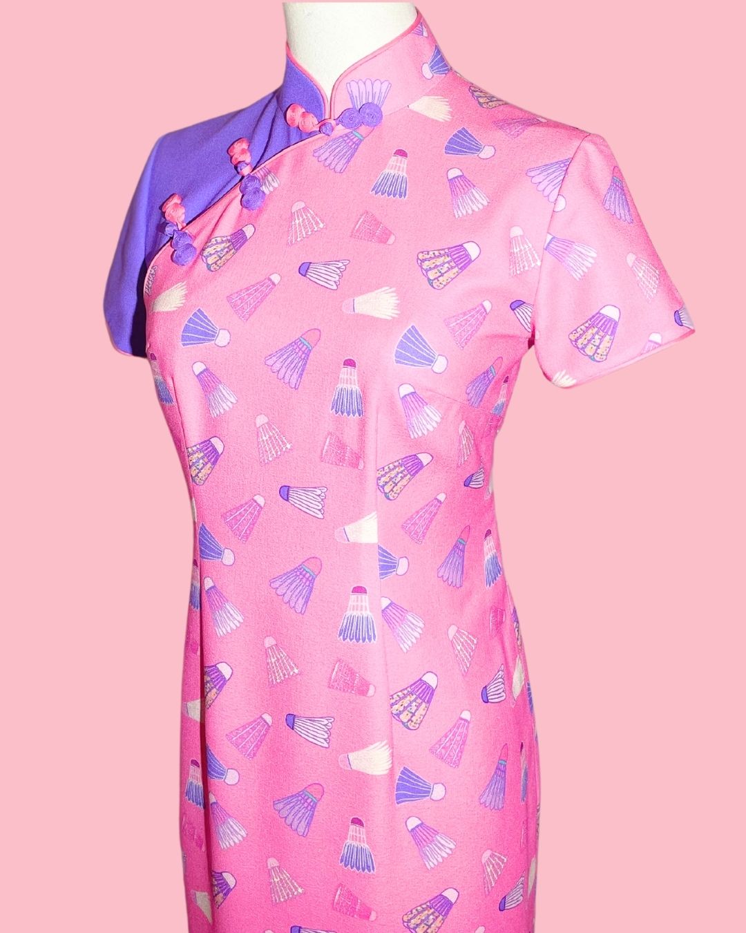 Pink Badminton with Purple Sleeve Panel Cheongsam