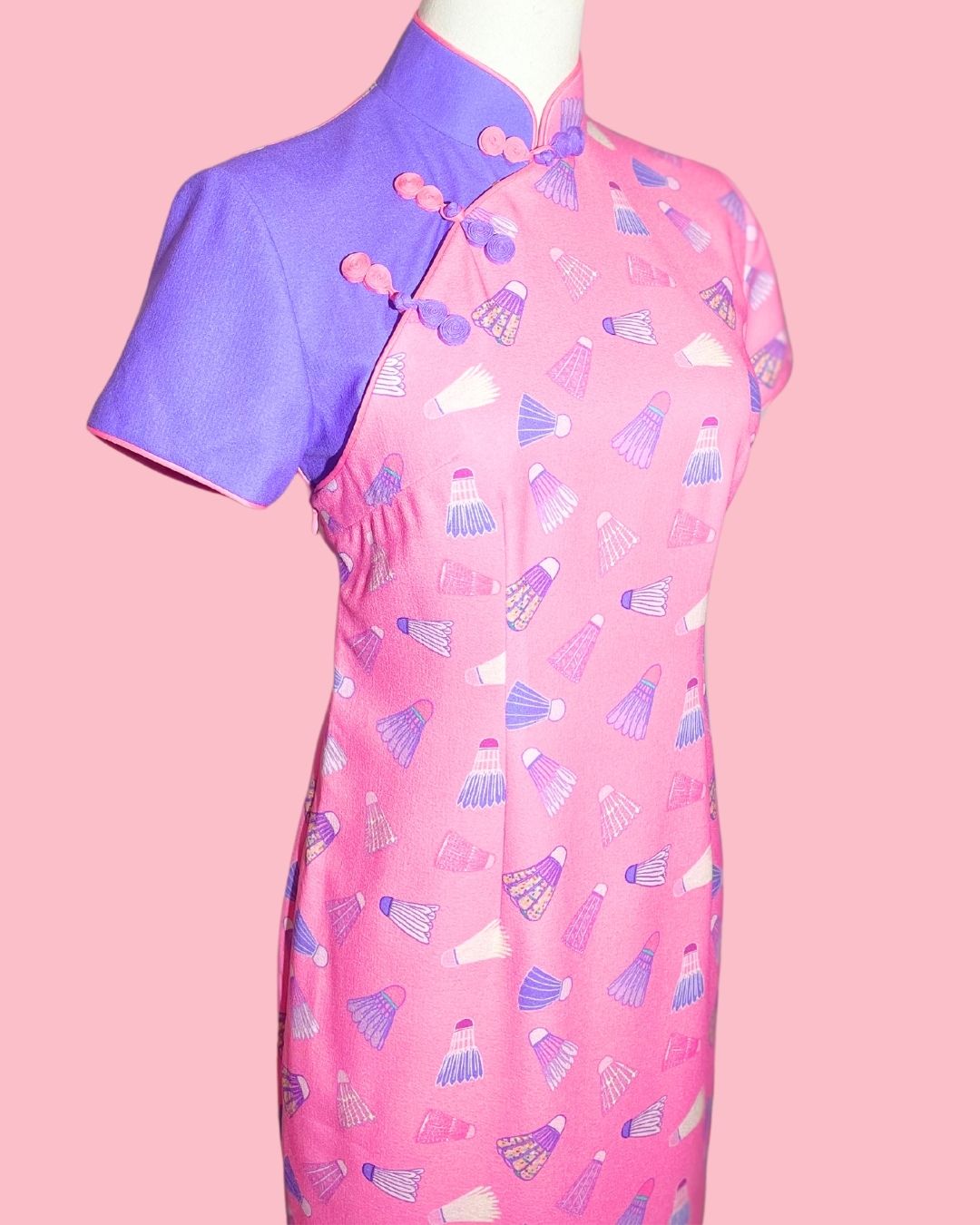 Pink Badminton with Purple Sleeve Panel Cheongsam