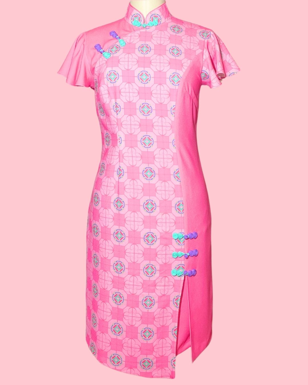 Hot Pink with Blue Piping Cheongsam