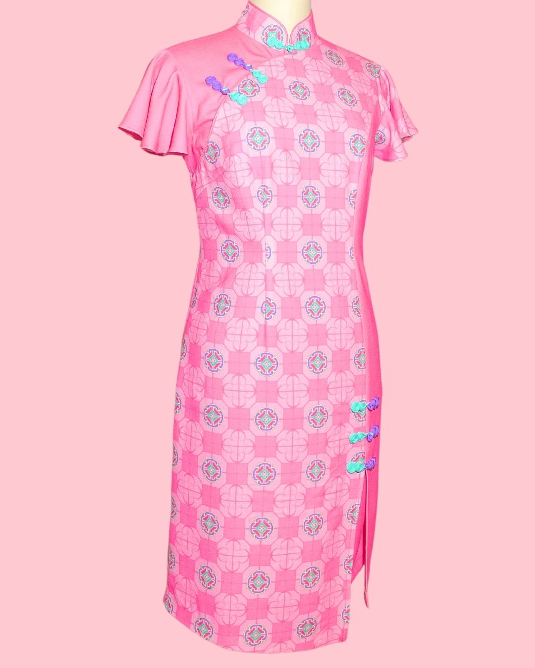 Hot Pink with Blue Piping Cheongsam