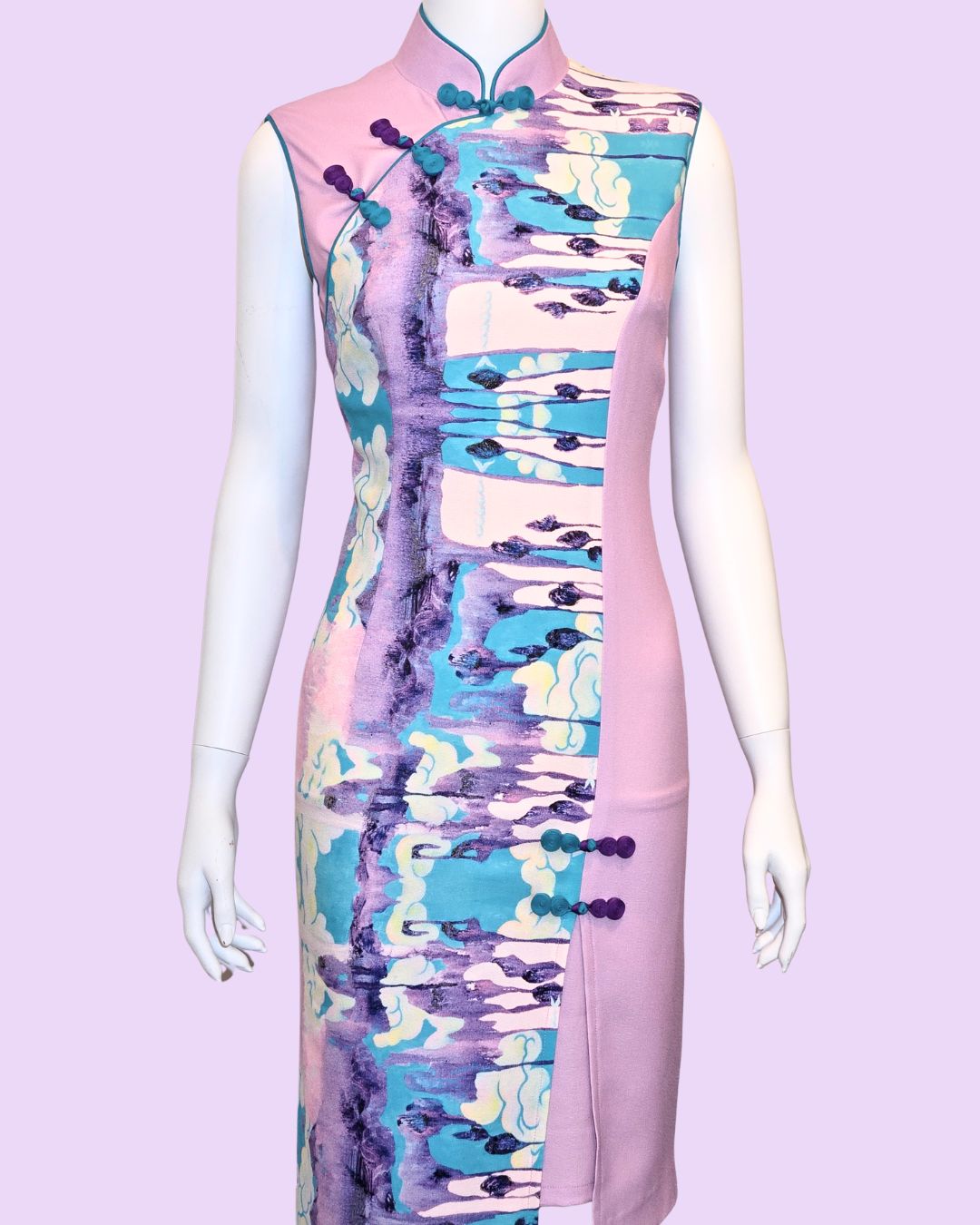 Lavender & Blue Acrylic Painting Cheongsam