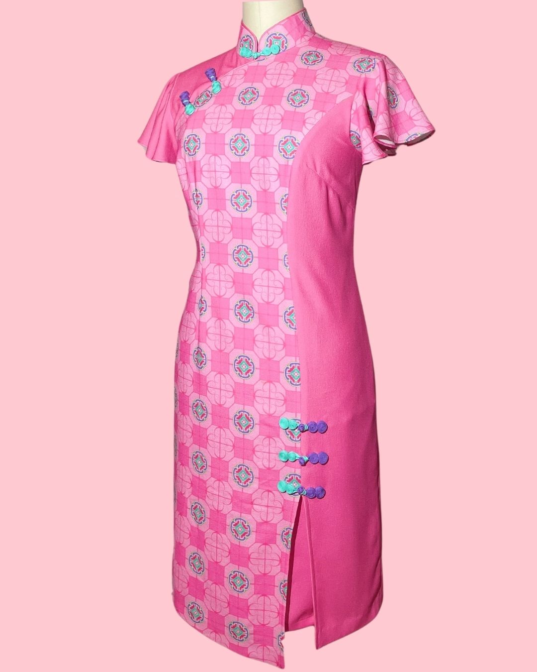 Hot Pink with Blue Piping Cheongsam