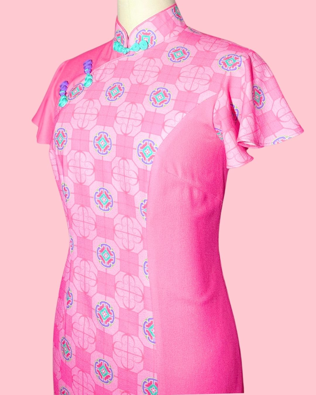 Hot Pink with Blue Piping Cheongsam