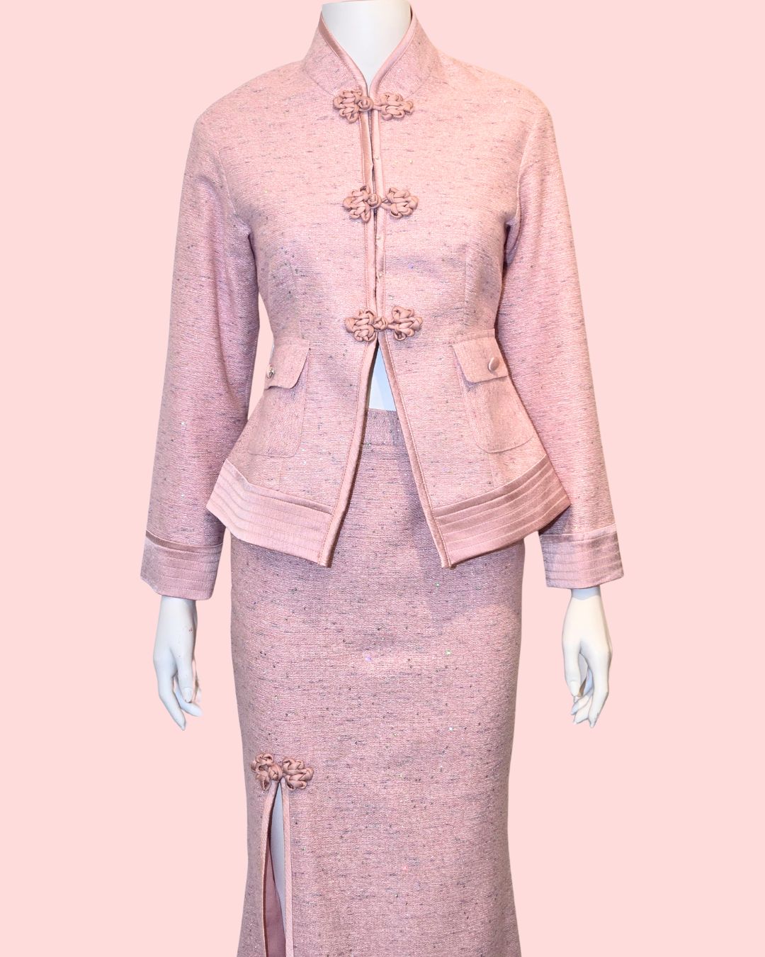 Baby Pink Tweed Shimmer Tang Peplum Jacket + Medi Skirt (Set)
