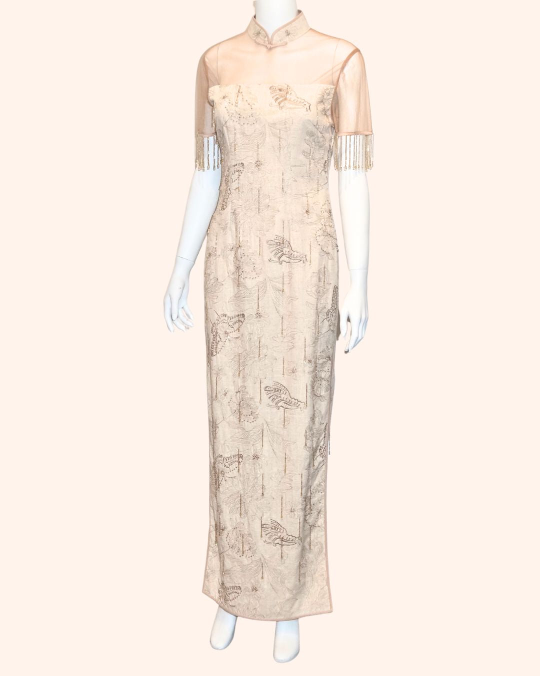 Golden Hand-Beaded Fringe Cheongsam