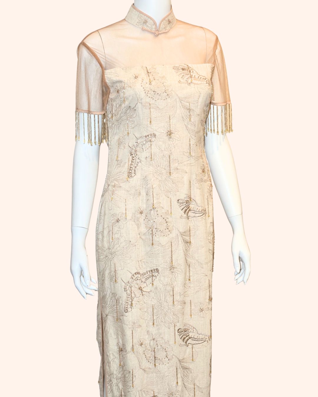 Golden Hand-Beaded Fringe Cheongsam