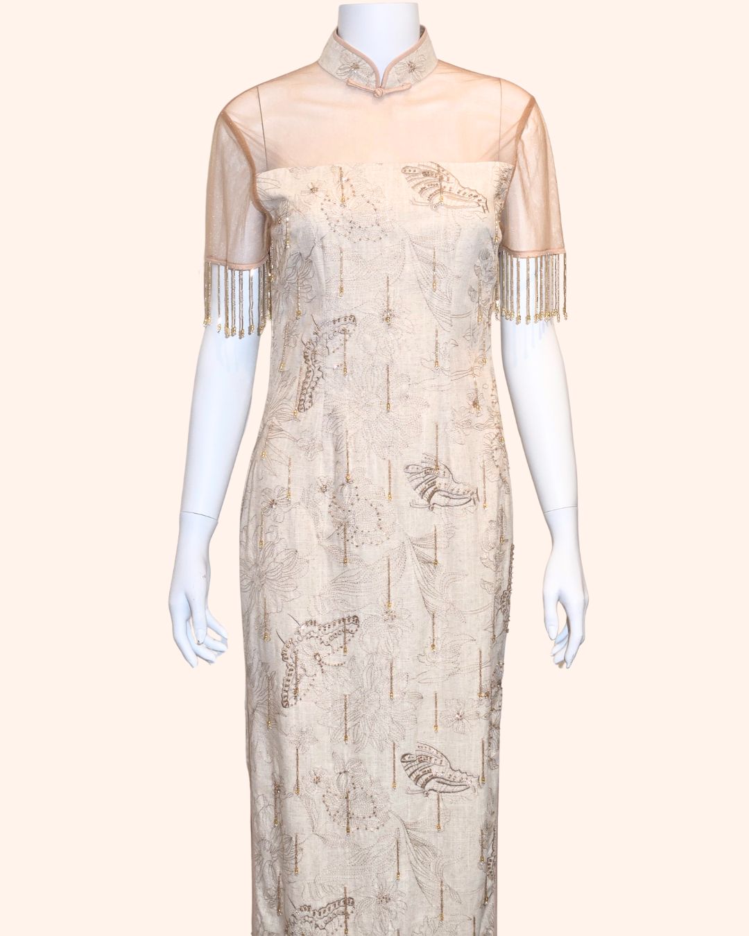 Golden Hand-Beaded Fringe Cheongsam