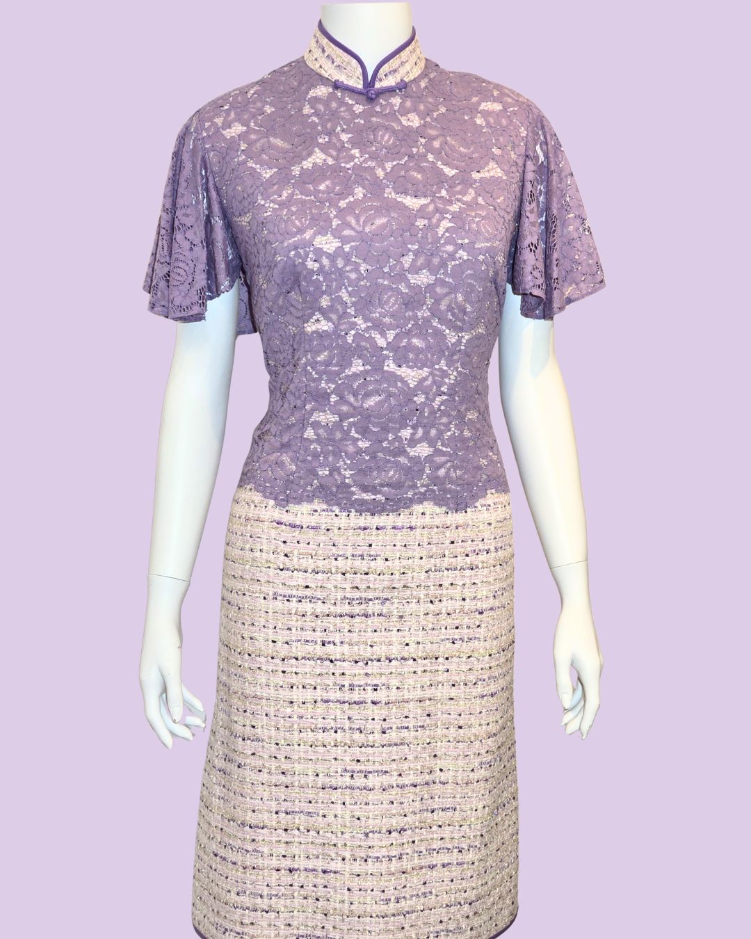 Purple Floral Lace Tweed Cheongsam