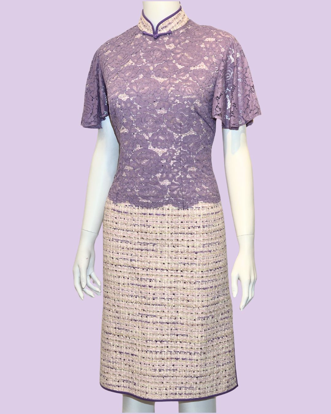 Purple Floral Lace Tweed Cheongsam