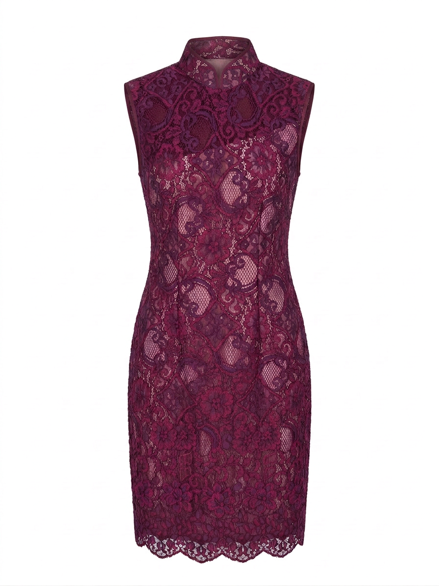 Burgundy Floral Lace Asymmetric Cheongsam