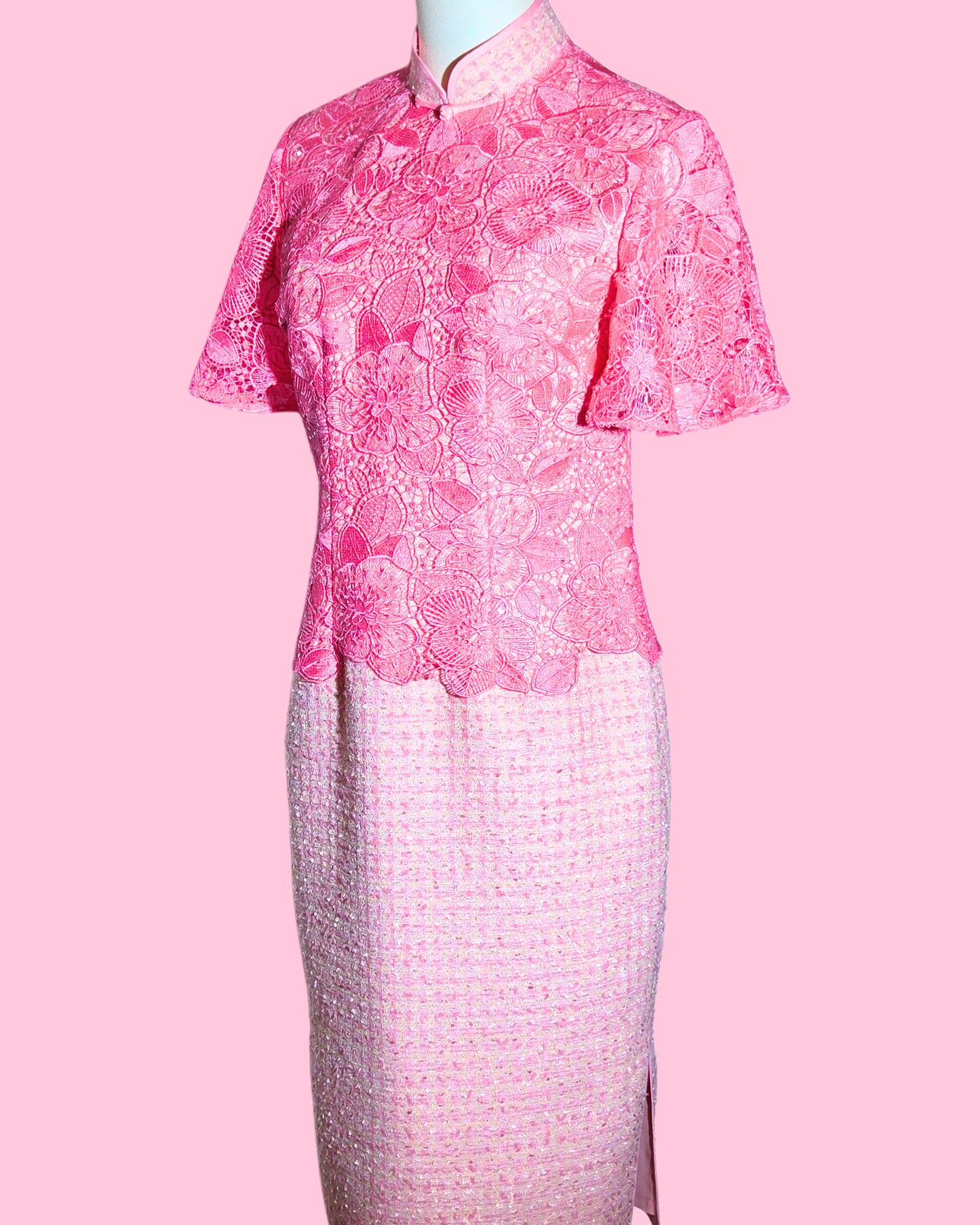 Baby Pink Tweed Lace Cheongsam
