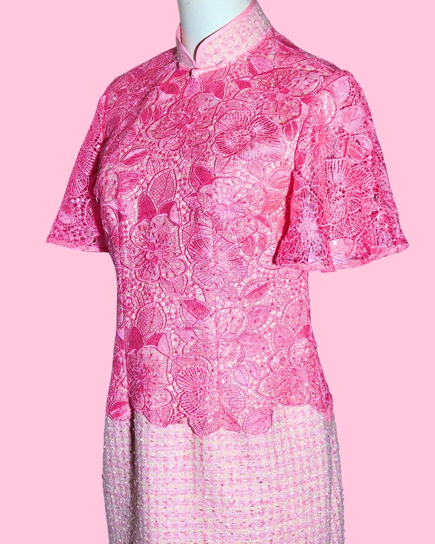 Baby Pink Tweed Lace Cheongsam