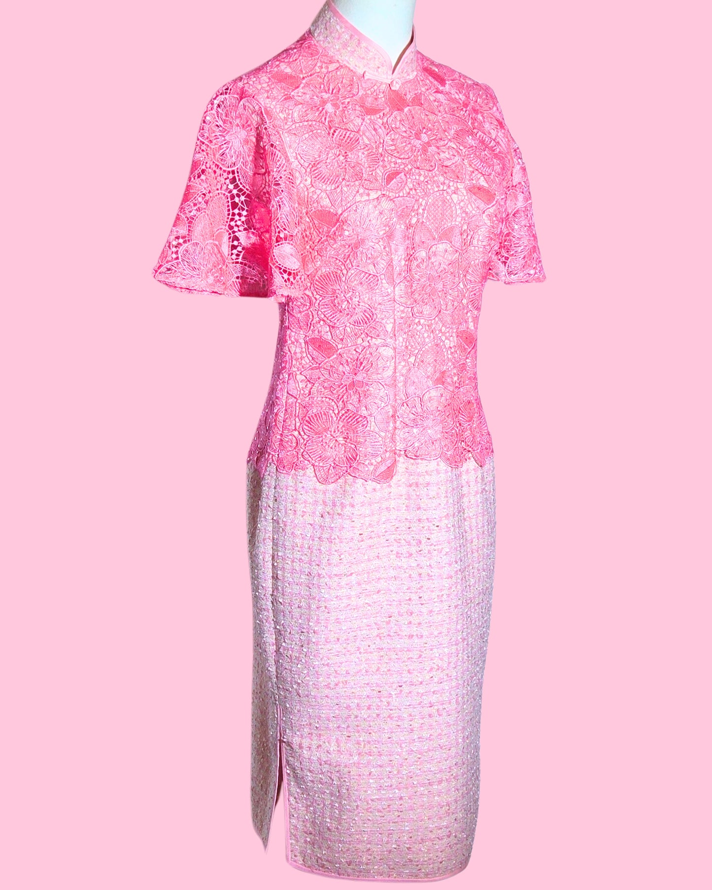 Baby Pink Tweed Lace Cheongsam