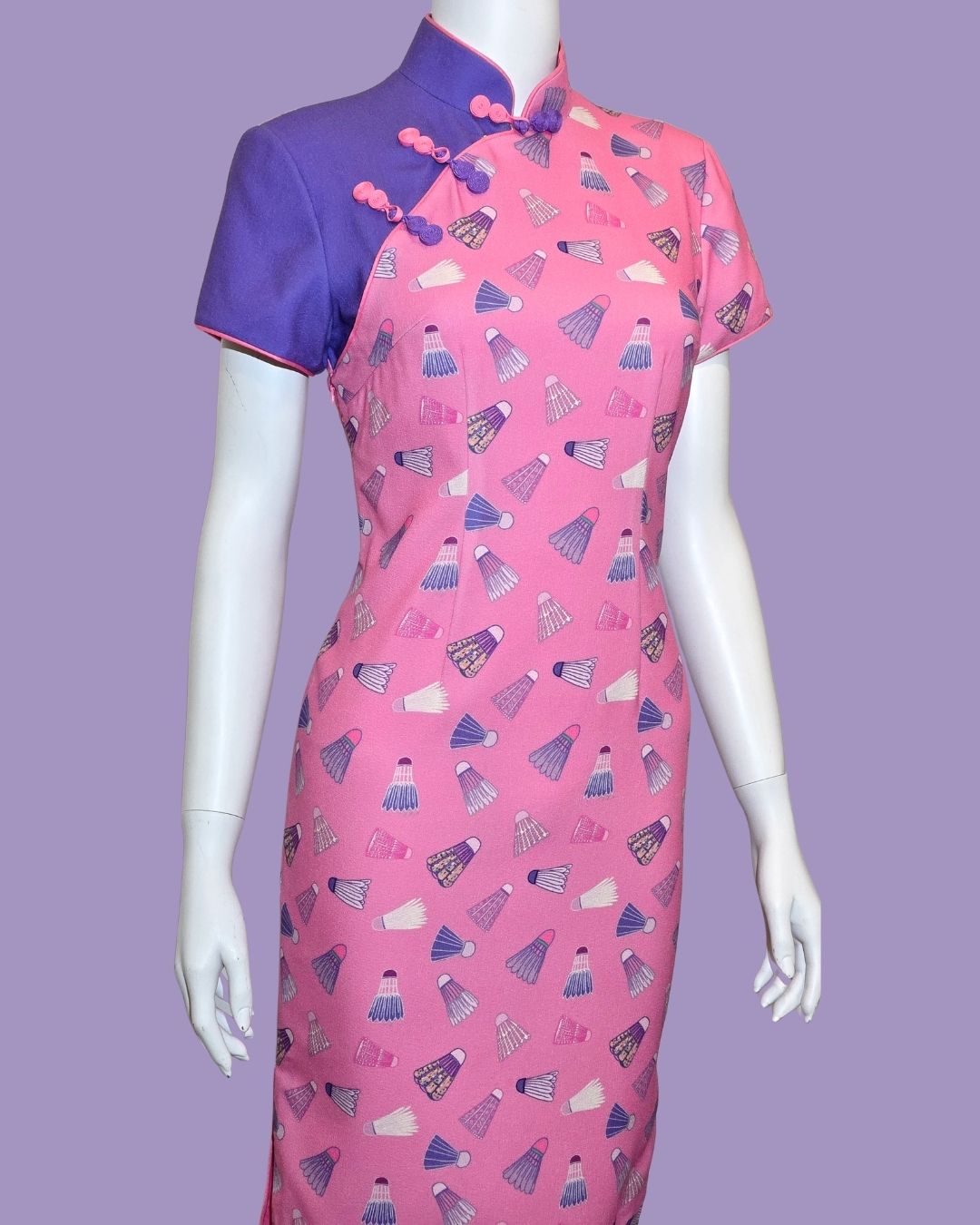 Pink Badminton with Purple Sleeve Panel Cheongsam