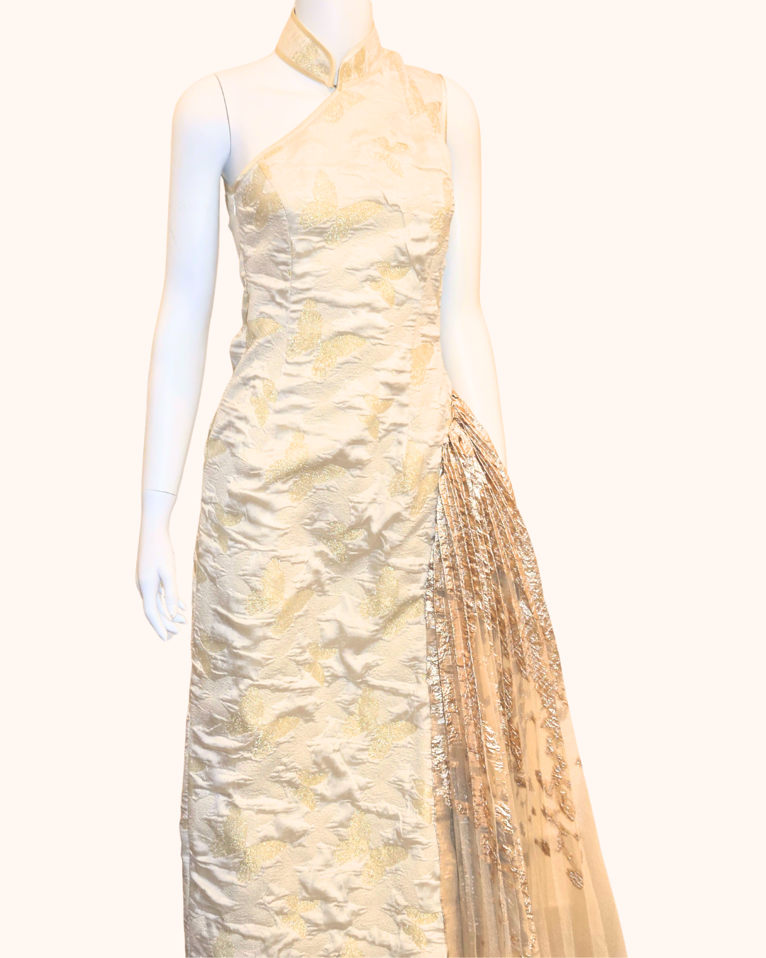 Gold Metallic Asymetric Pleated Cheongsam