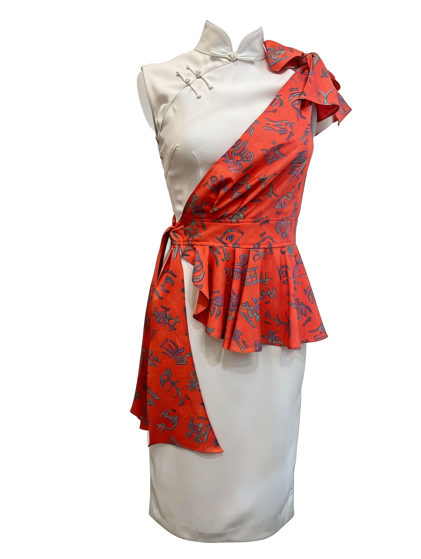 White Orange Asymmetric Peplum Cheongsam