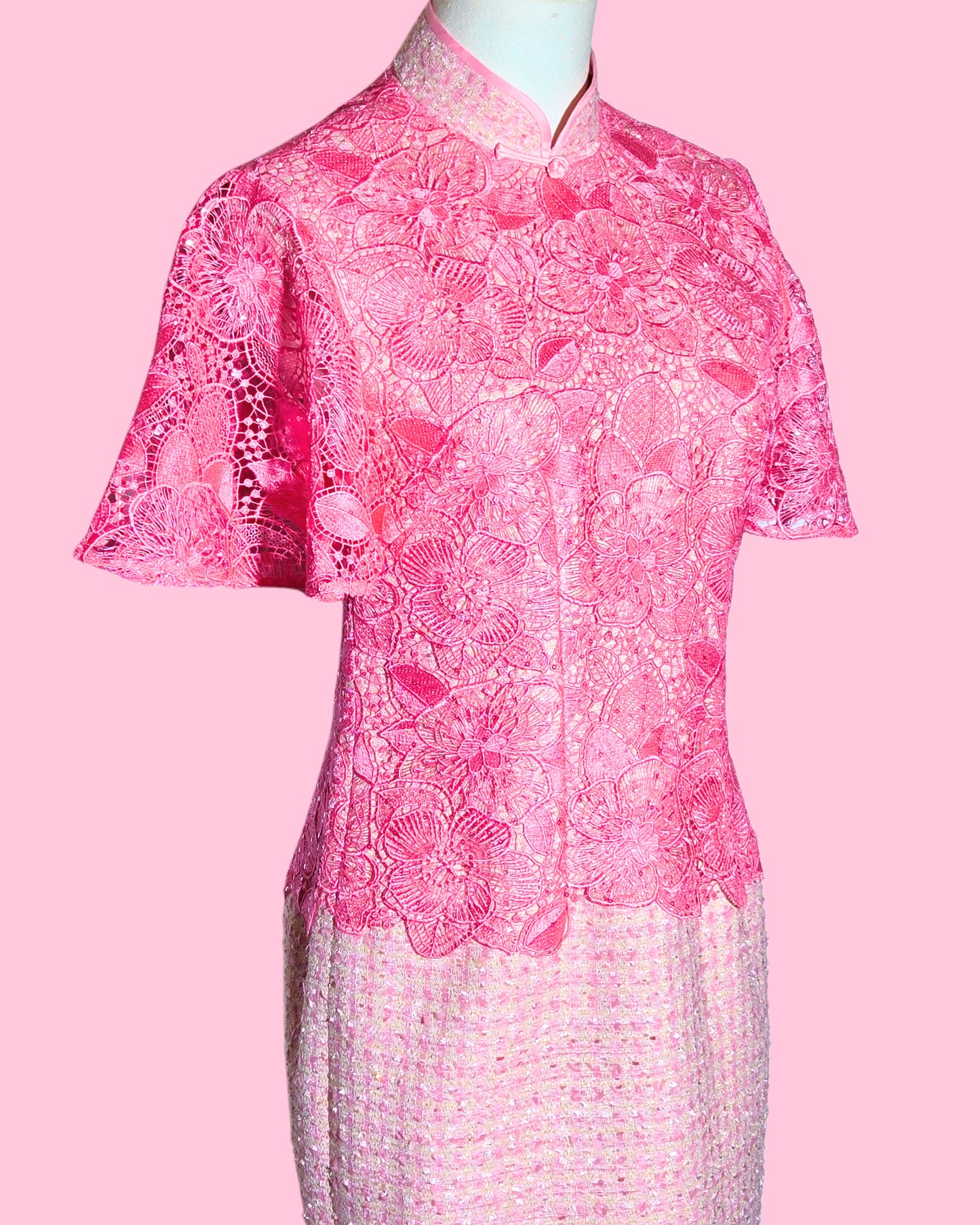 Baby Pink Tweed Lace Cheongsam