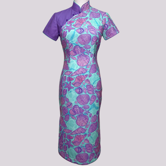 Purple Blue Seashell w/ Back Tulle Ribbon Cheongsam