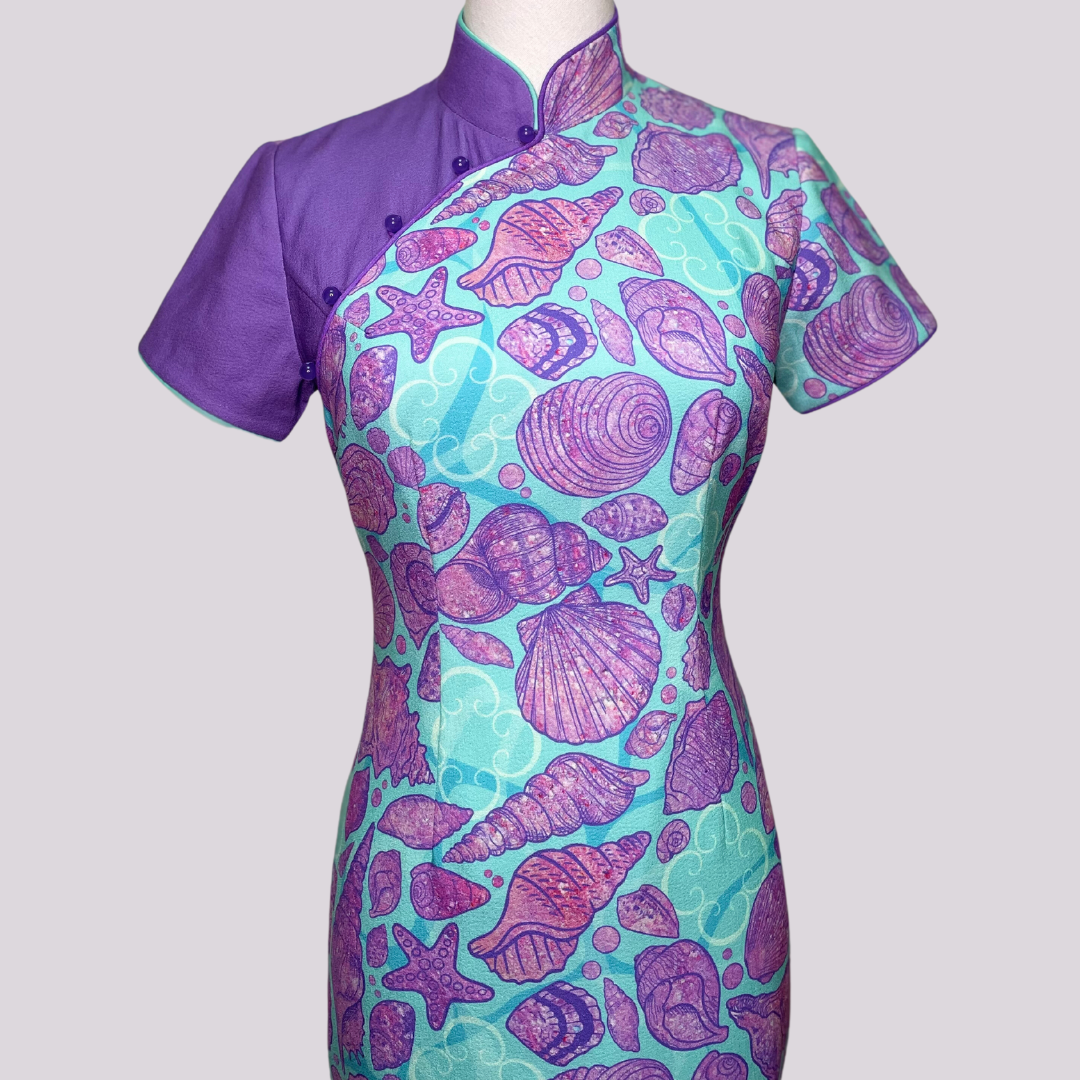 Purple Blue Seashell w/ Back Tulle Ribbon Cheongsam