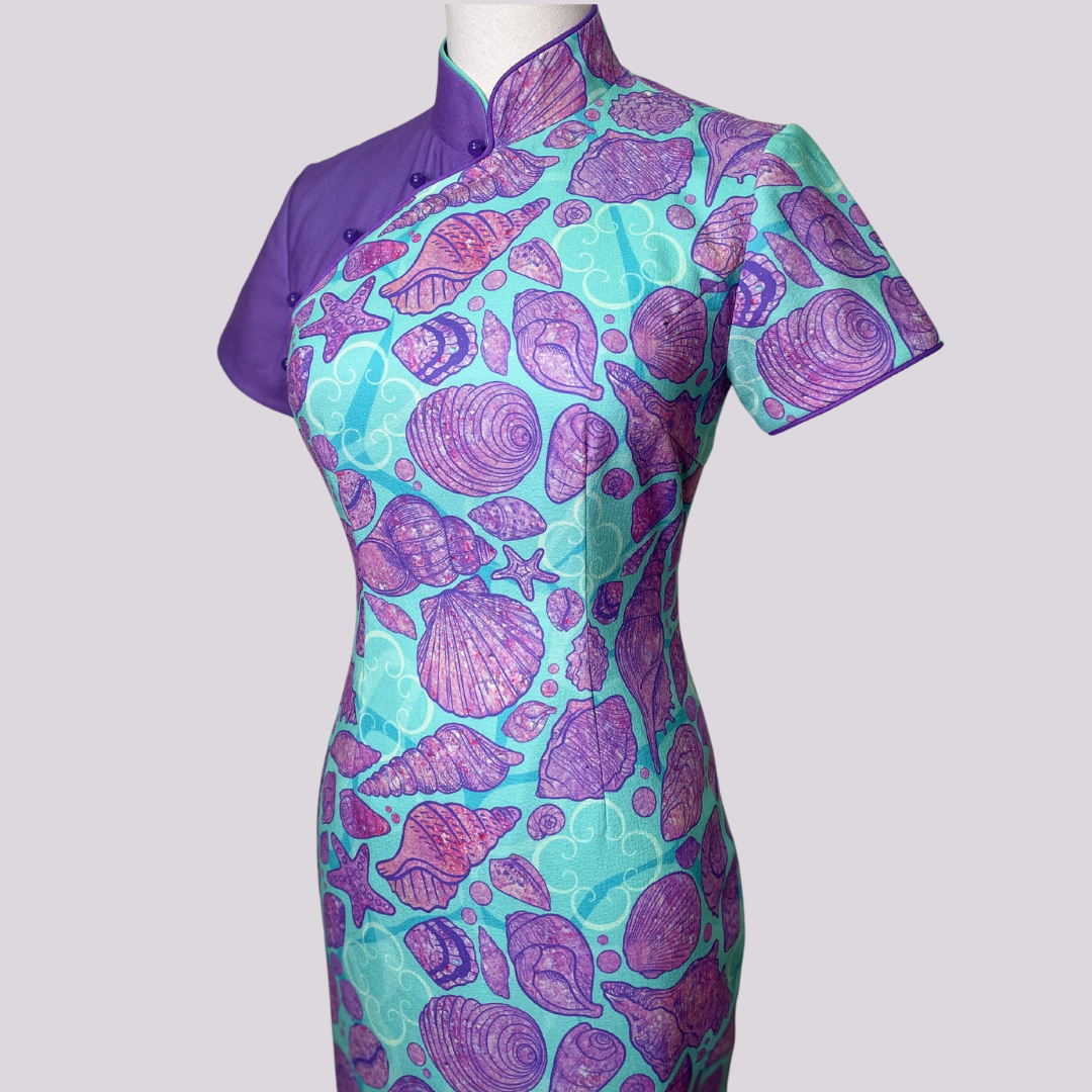 Purple Blue Seashell w/ Back Tulle Ribbon Cheongsam