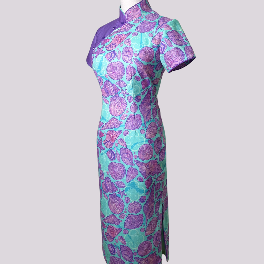 Purple Blue Seashell w/ Back Tulle Ribbon Cheongsam