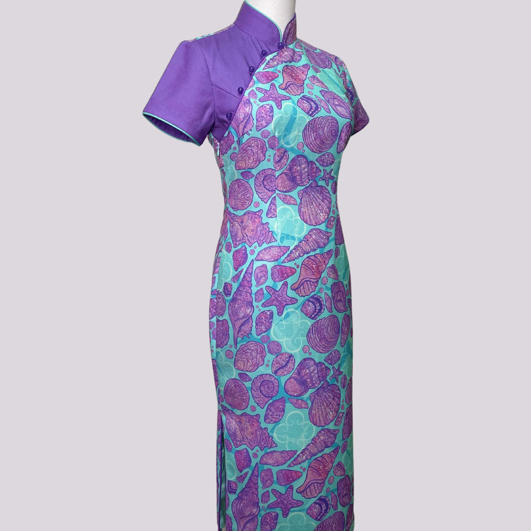 Purple Blue Seashell w/ Back Tulle Ribbon Cheongsam