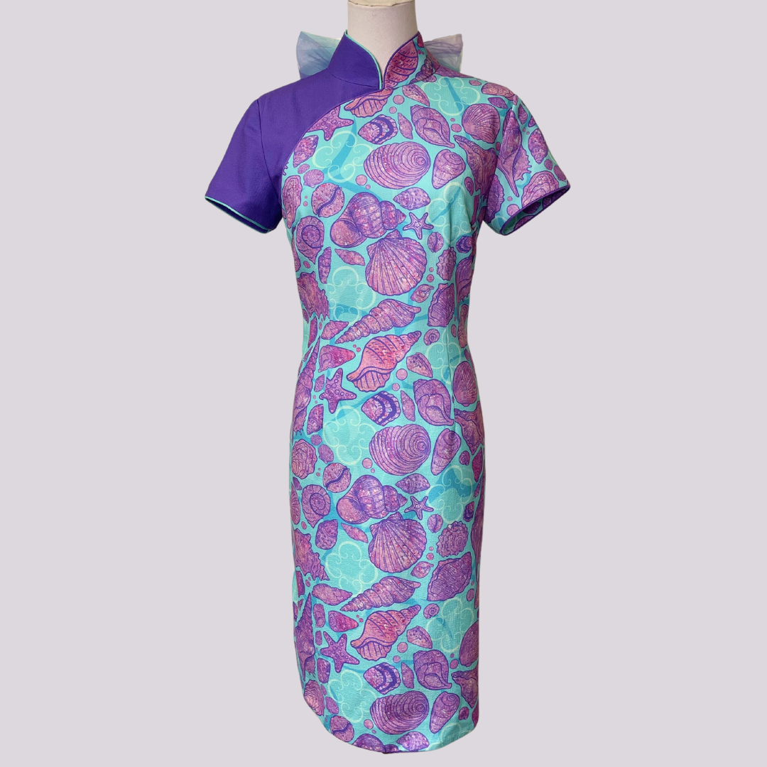 Purple Blue Seashell w/ Back Tulle Ribbon Cheongsam
