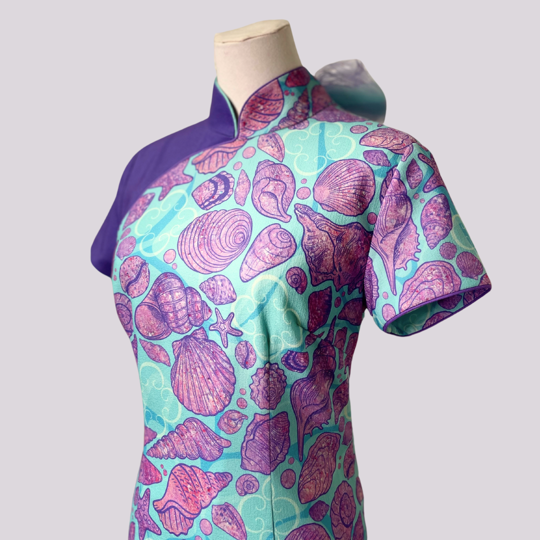 Purple Blue Seashell w/ Back Tulle Ribbon Cheongsam
