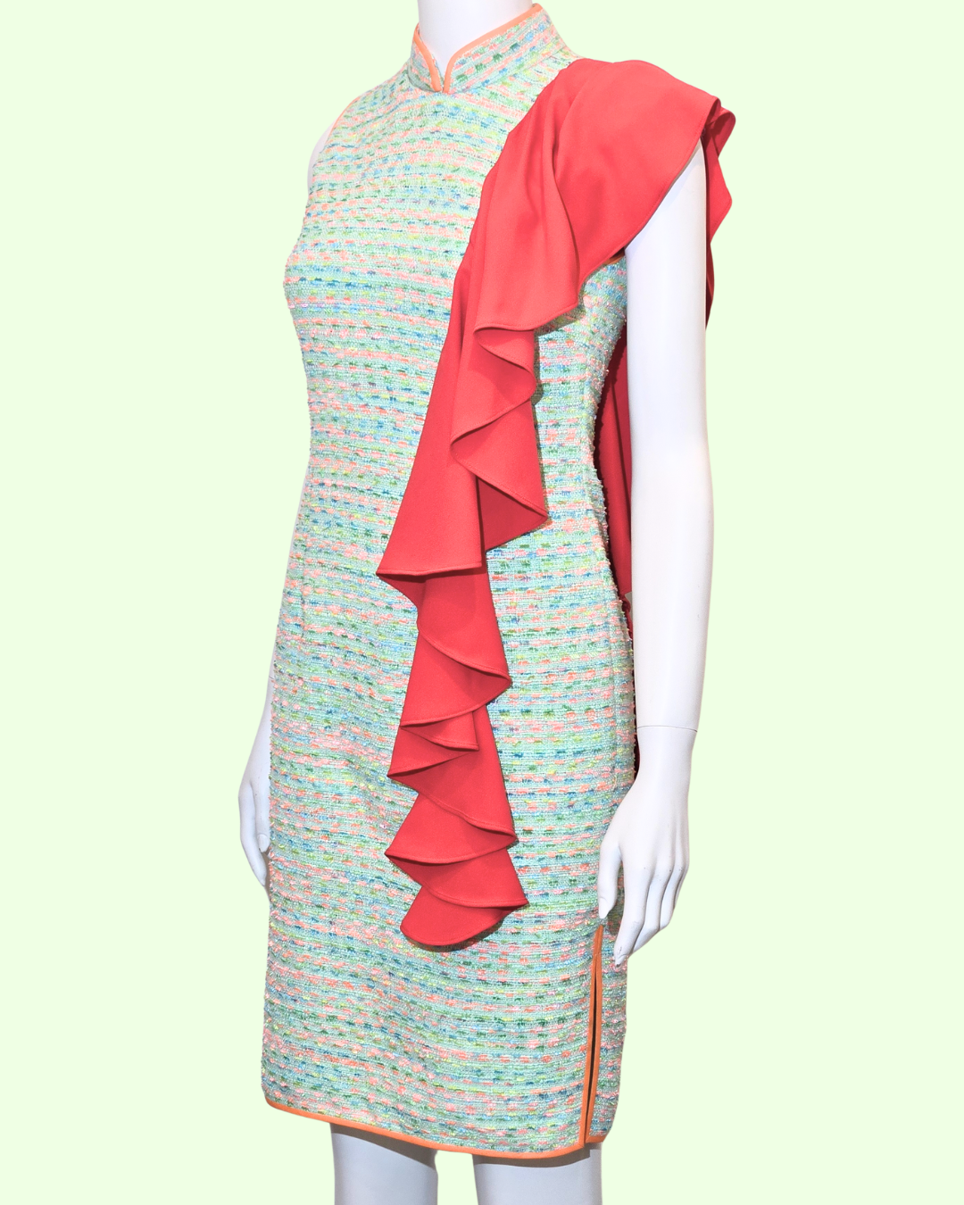 Baby Green Tweed w/ Red Shoulder Flounce Cheongsam