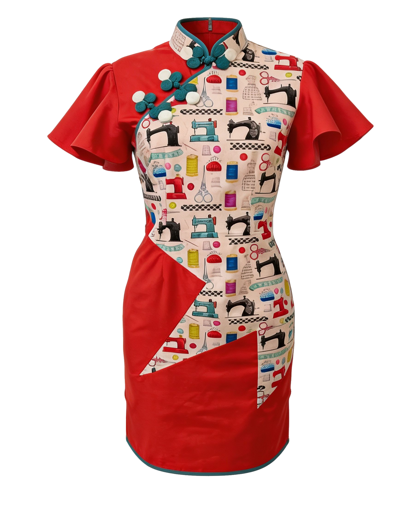 Red and White Sewing Machine and Star Notions Cheongsam