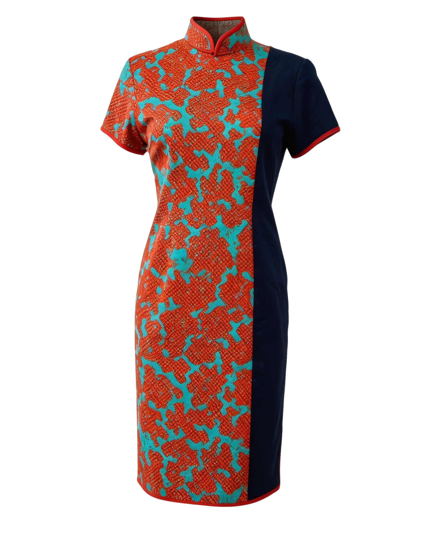 Orange Green Color-Block Mosaic Cheongsam