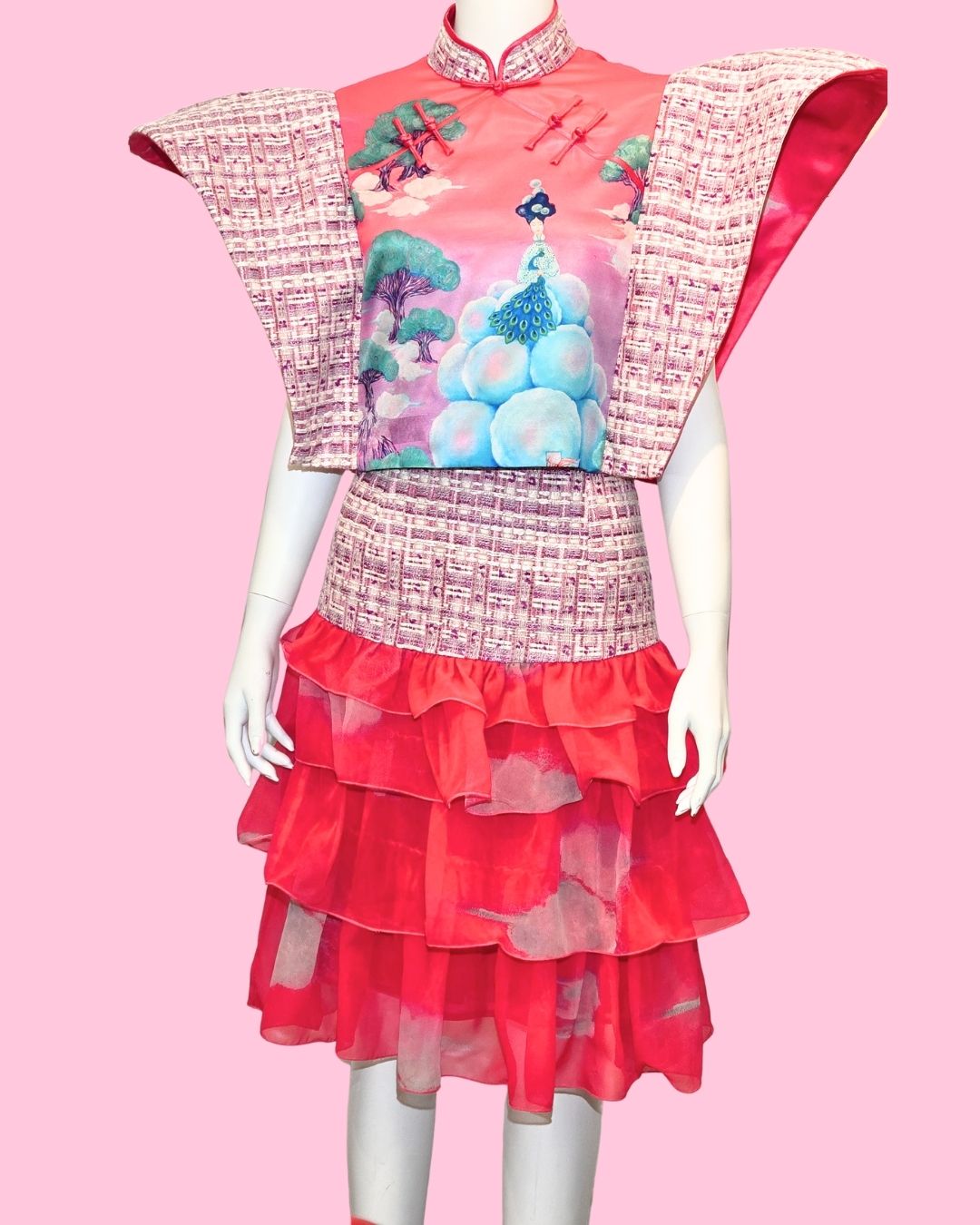 Pink Tweed Power Sleeves Cheongsam + Tiered Ruffled Skirt (Set)