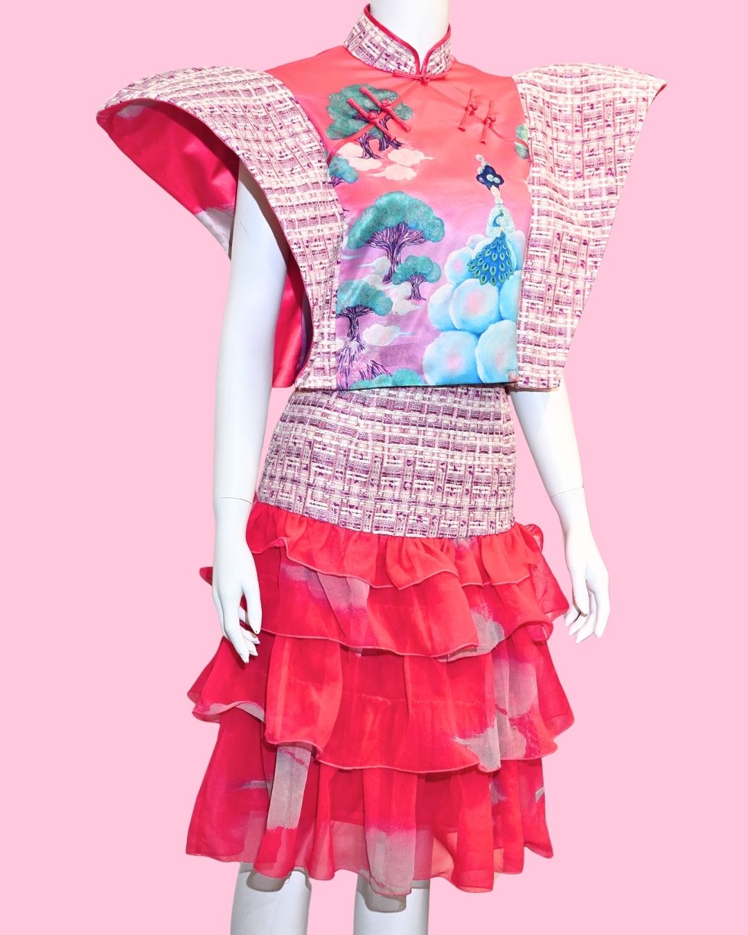 Pink Tweed Power Sleeves Cheongsam + Tiered Ruffled Skirt (Set)