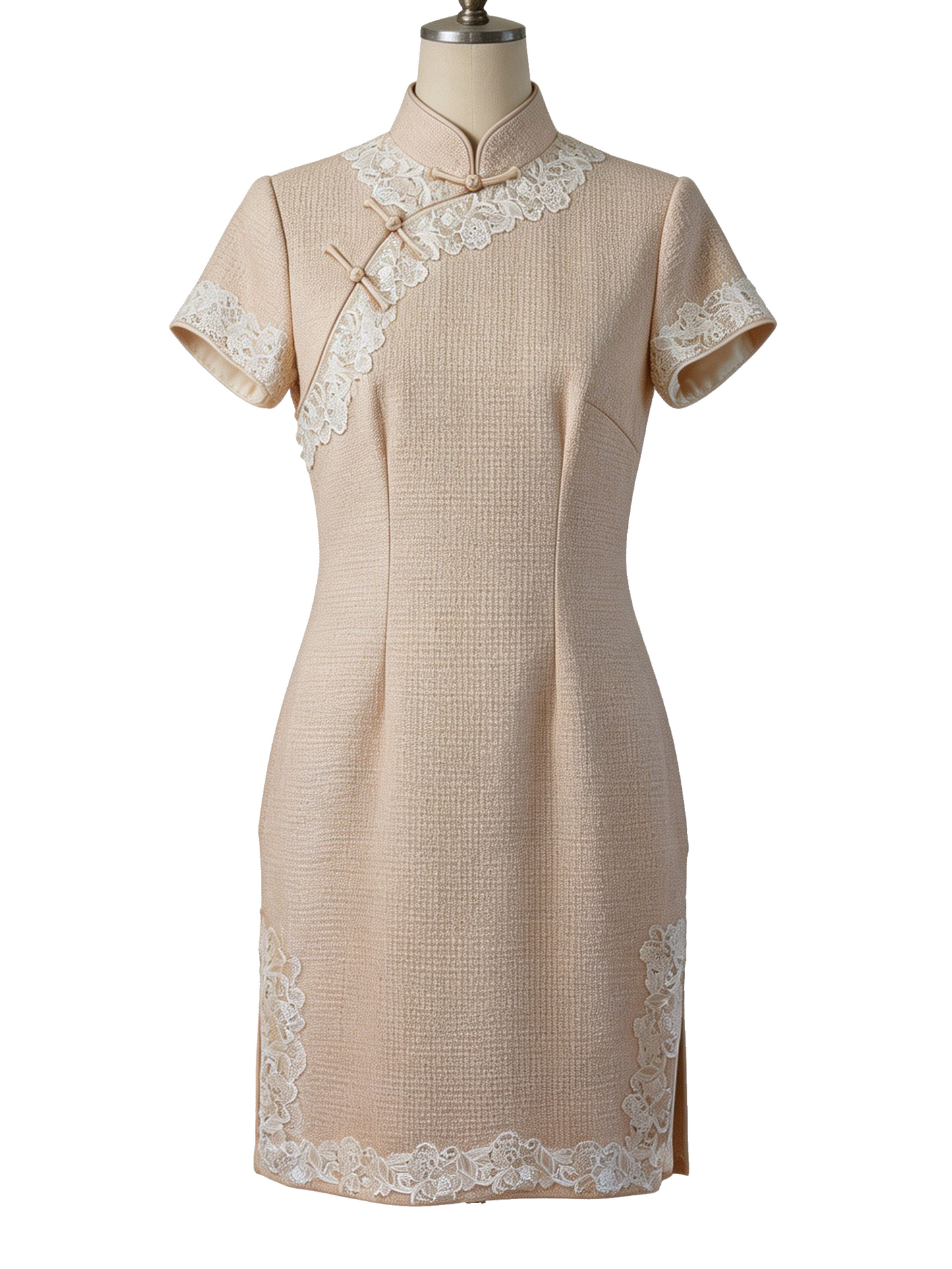 Beige Lace-Trim Cheongsam