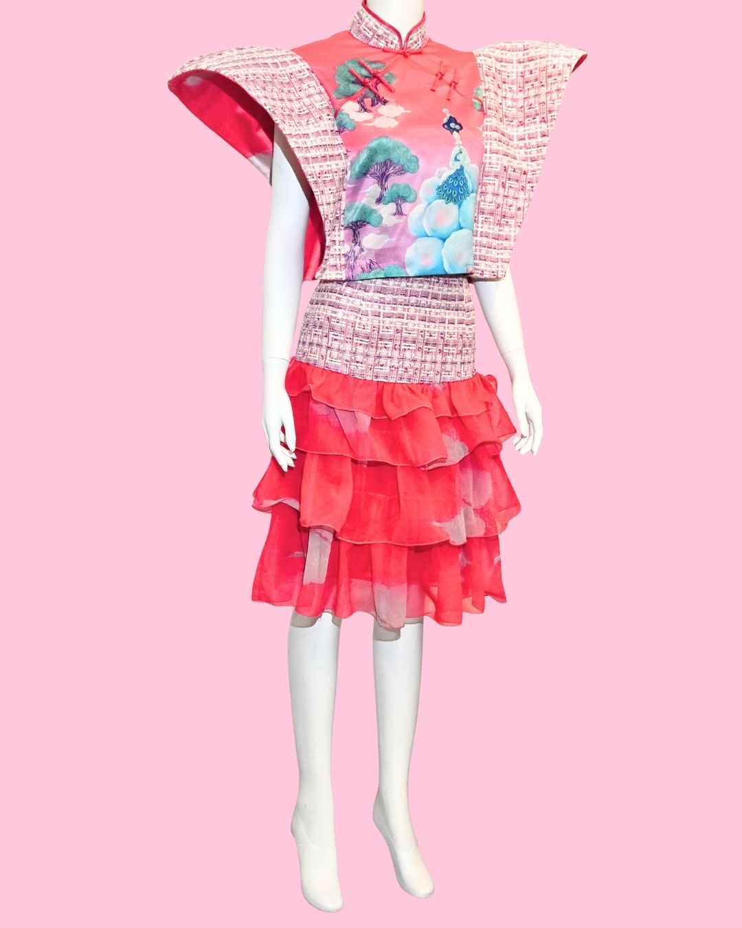 Pink Tweed Power Sleeves Cheongsam + Tiered Ruffled Skirt (Set)