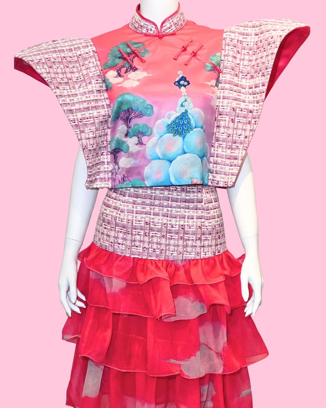 Pink Tweed Power Sleeves Cheongsam + Tiered Ruffled Skirt (Set)