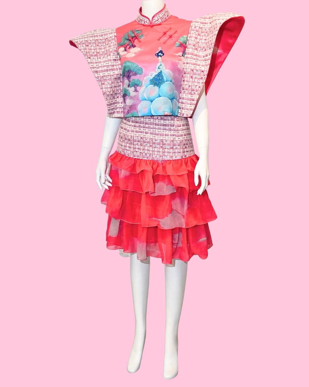 Pink Tweed Power Sleeves Cheongsam + Tiered Ruffled Skirt (Set)