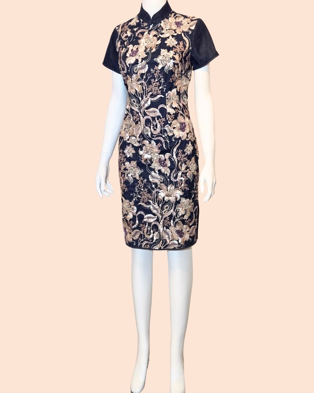 Denim w/ Flower Embroidery Cheongsam