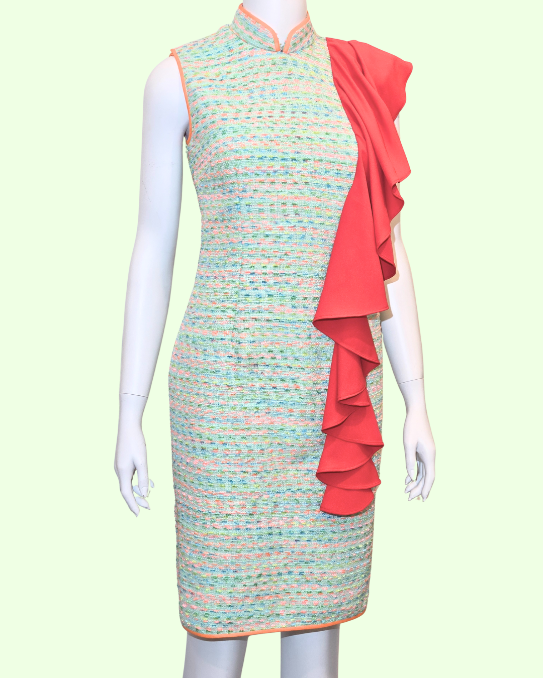 Baby Green Tweed w/ Red Shoulder Flounce Cheongsam