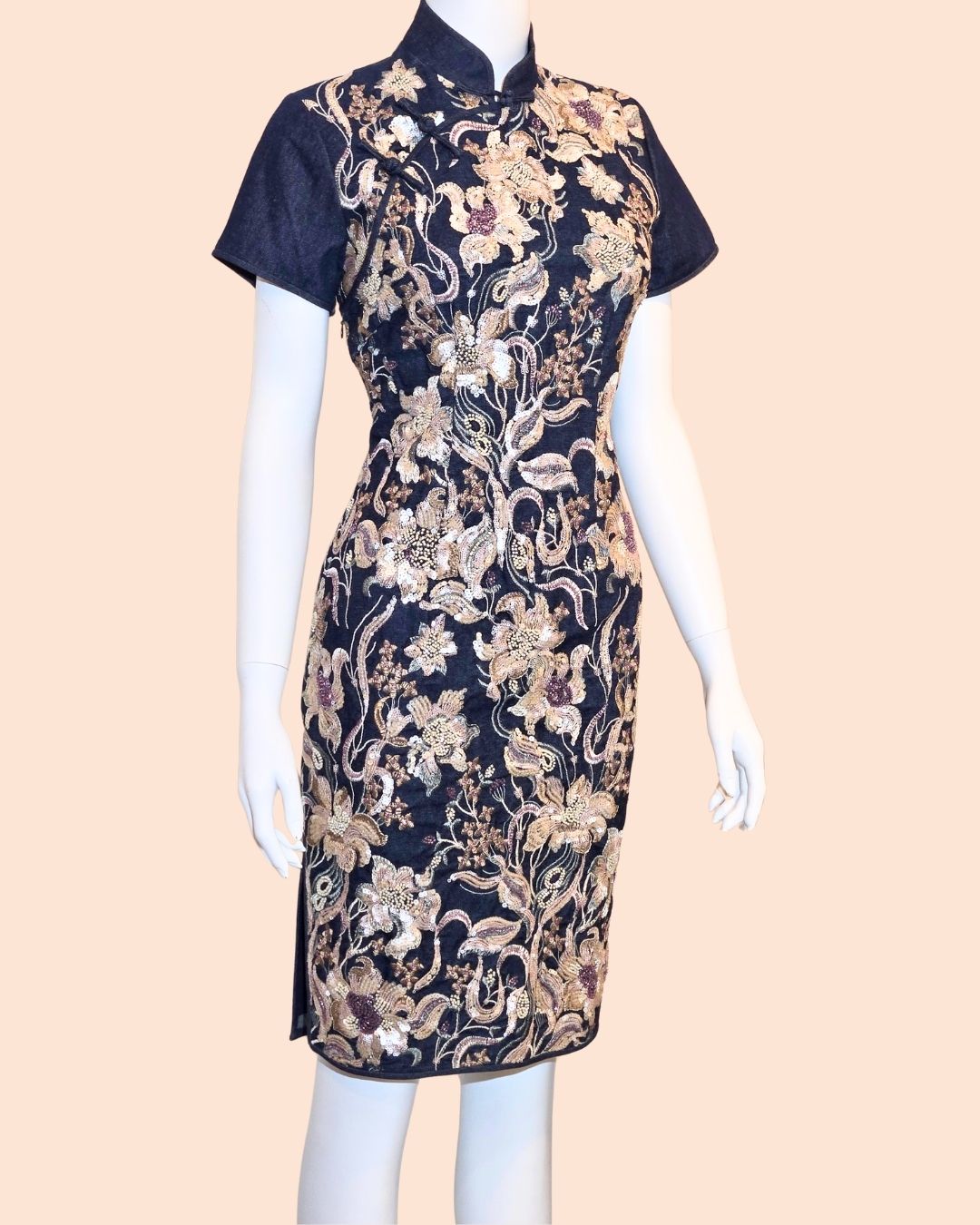Denim w/ Flower Embroidery Cheongsam