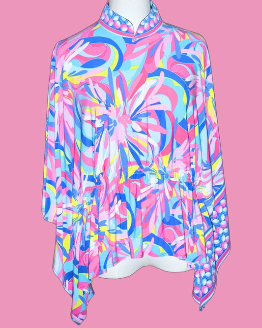 Pink and Blue Marble Pattern Cheongsam Cape with Elastic Waistband