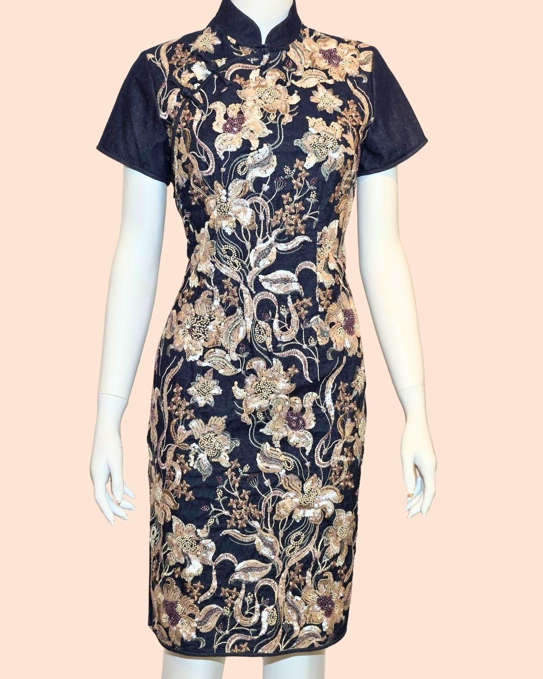 Denim w/ Flower Embroidery Cheongsam