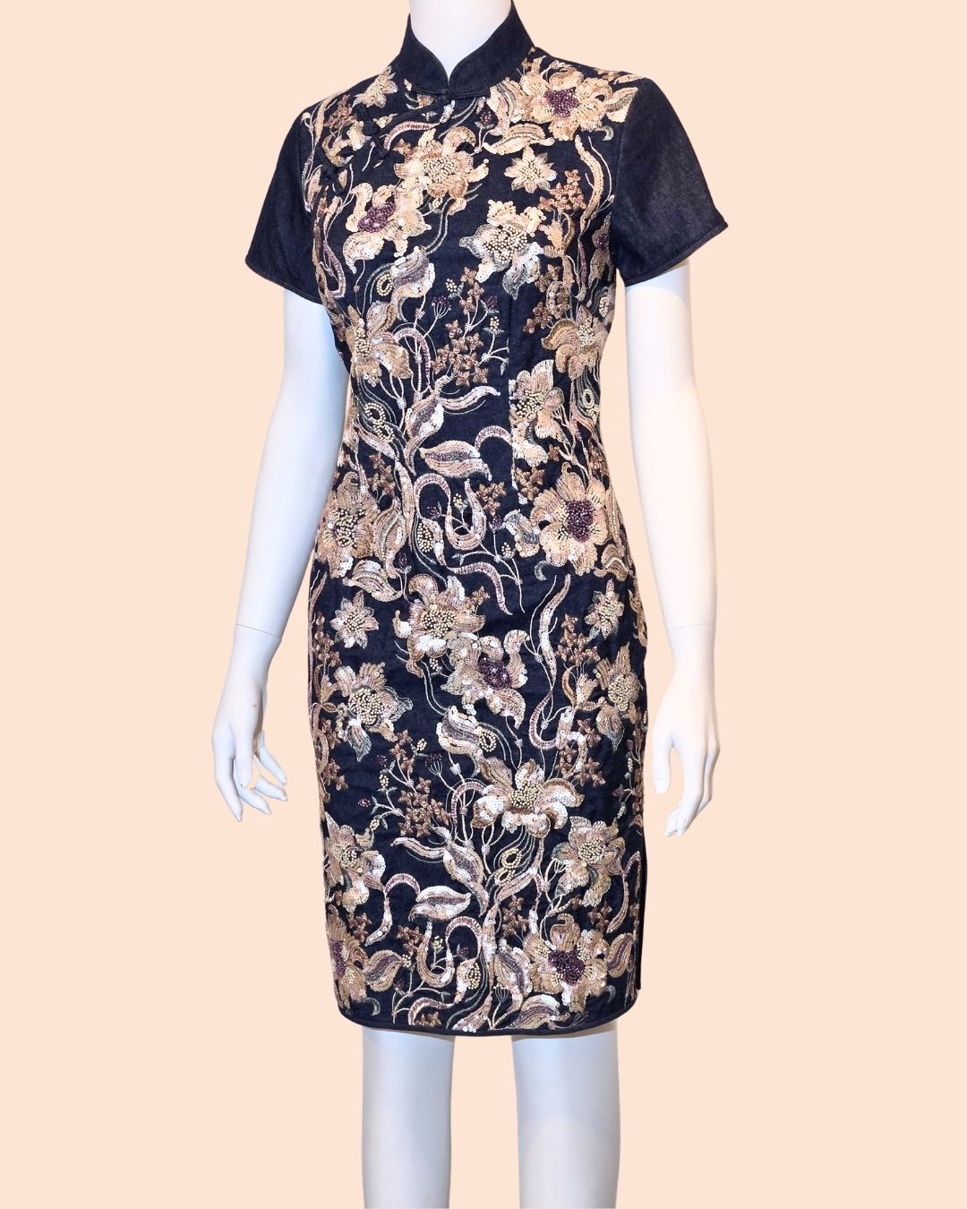 Denim w/ Flower Embroidery Cheongsam