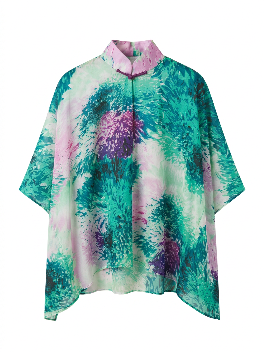 100% Silk Green Pink Floral Ink Cheongsam Cape